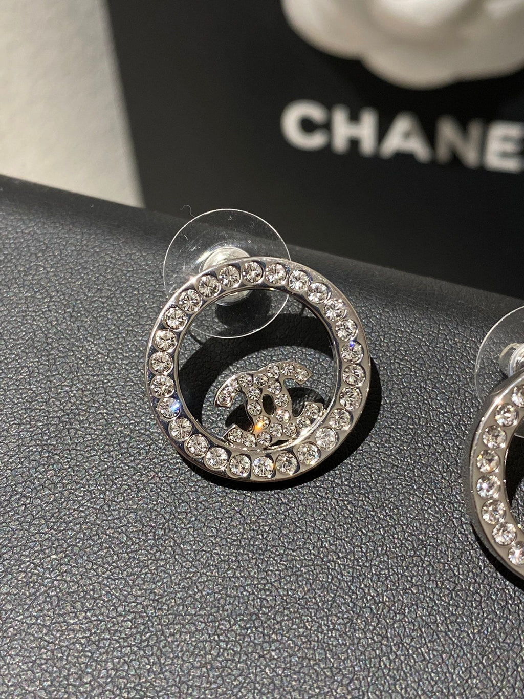 Chanel Classic Platinum Rhinestone Stud Silver Earrings