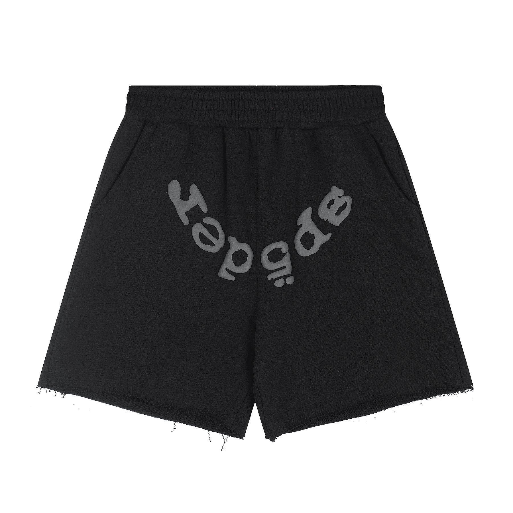 Sp5der Curved Wordmark Raw-Hem Shorts — front