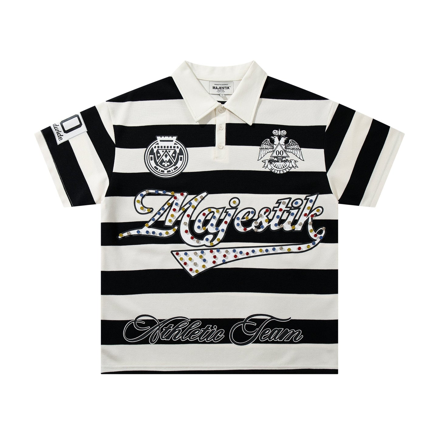 MAJESTIK Striped Crest Graphic Polo Shirt — hero