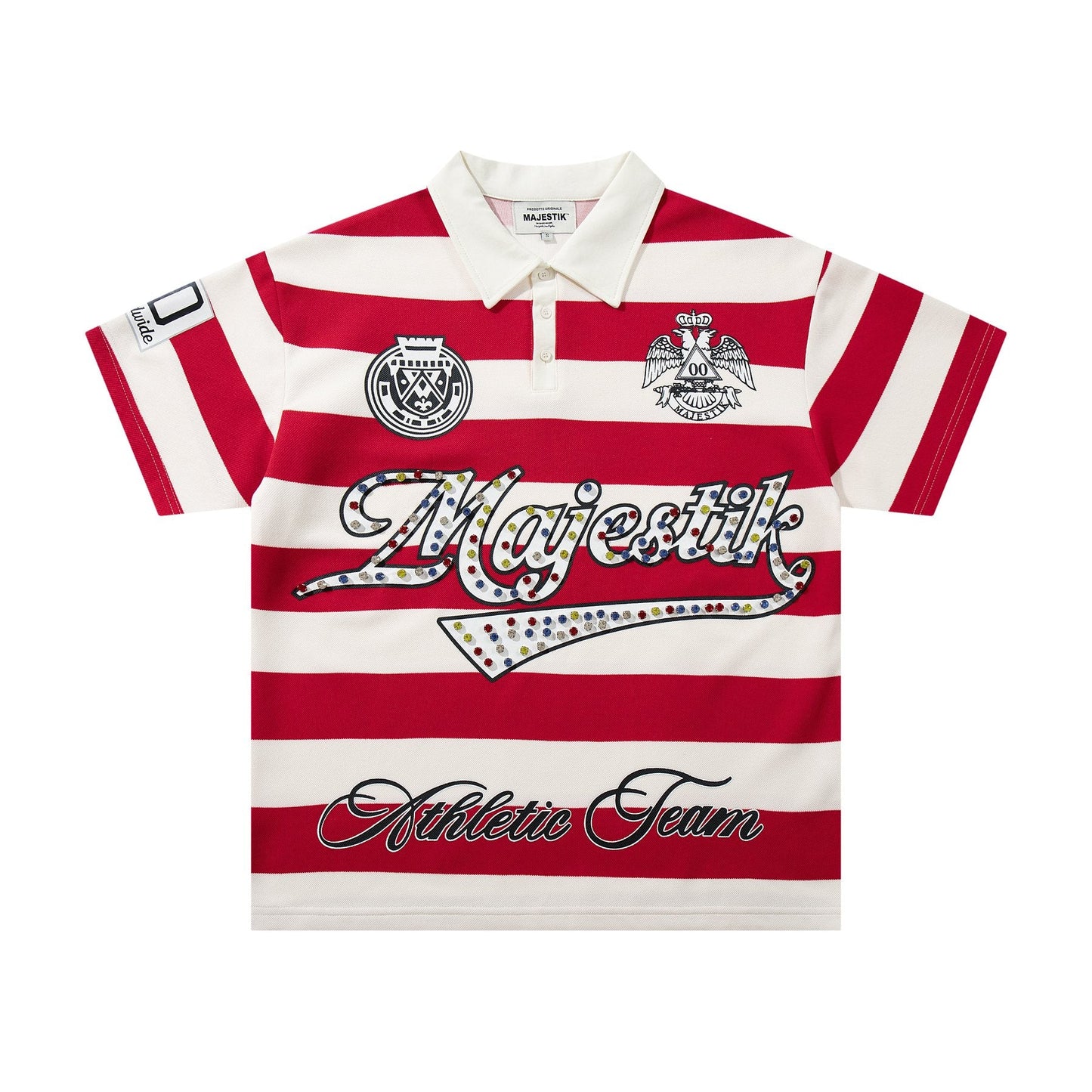 MAJESTIK Striped Crest Graphic Polo Shirt — hero
