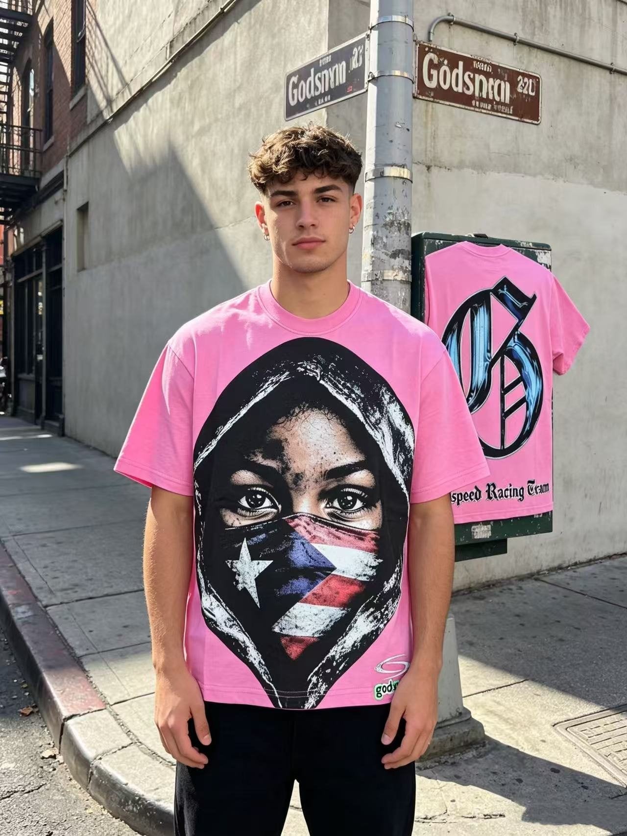 Godspeed Hooded Flag Portrait Graphic T-Shirt — context