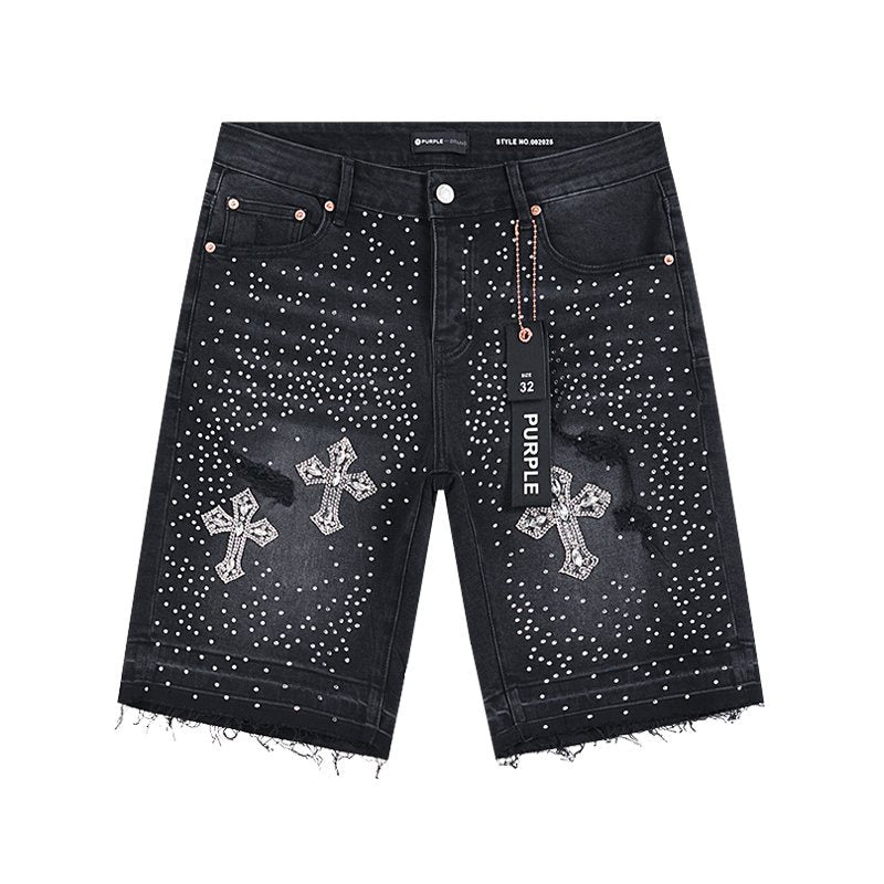 Purple Brand Rhinestone Cross Denim Shorts — hero